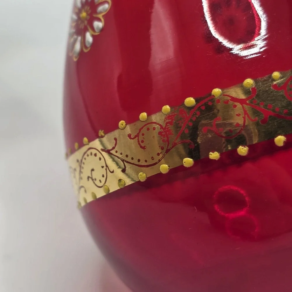 Vintage Ruby Red Glass Bud Vase Gold Enamel Floral Bohemian Style‎ 8in